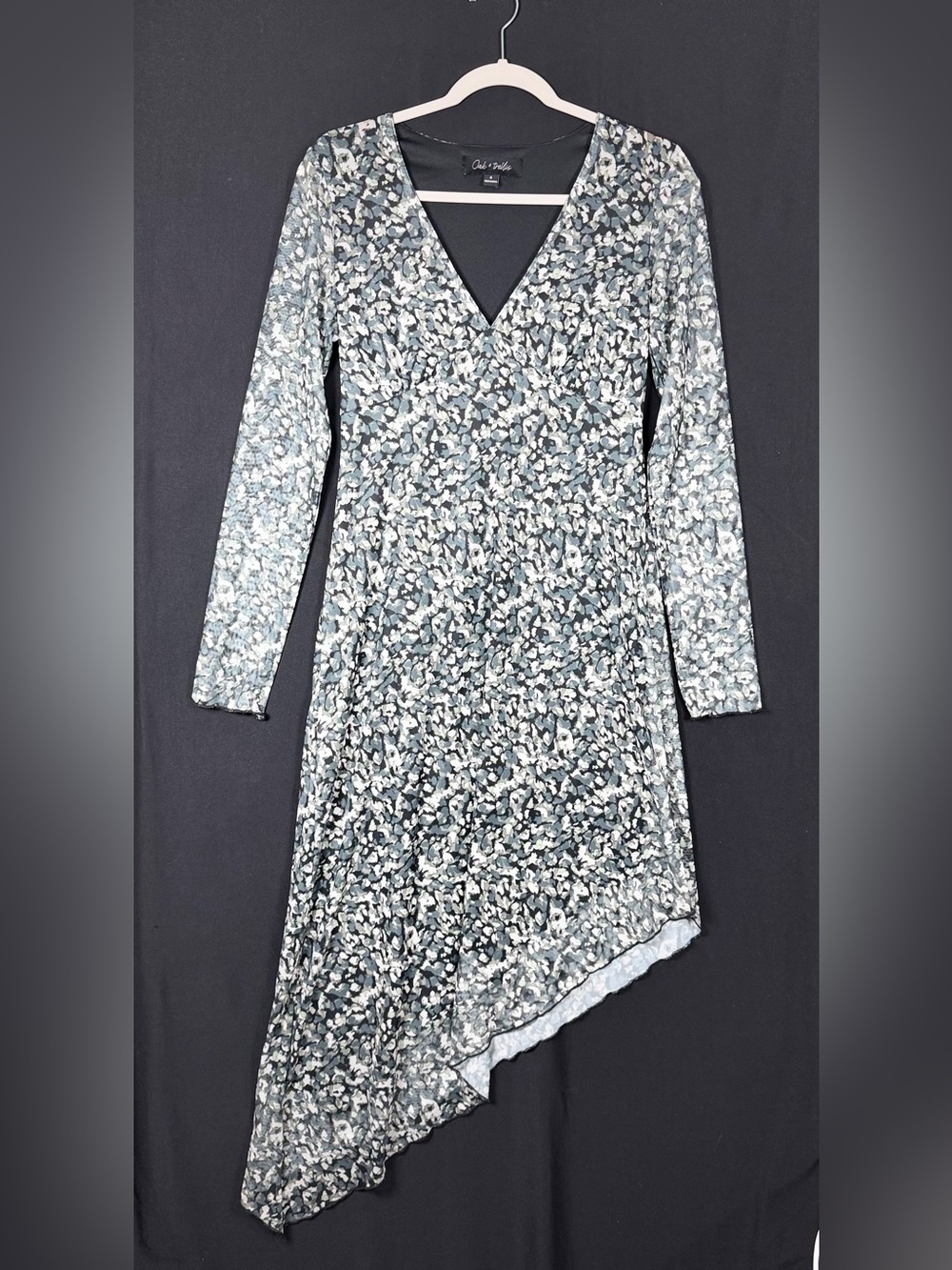 Oak & Trellis Asymmetrical V-Neck Dress semi sheer sleeve Camo black lining